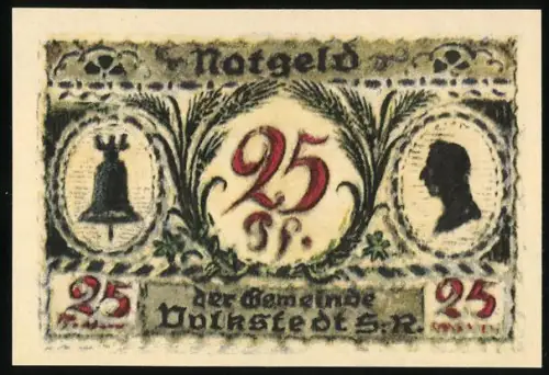 Notgeld Volkstedt /S.-A. 1921, 25 Pf, Glocke und Silhouette, Wappen mit Werkzeugen