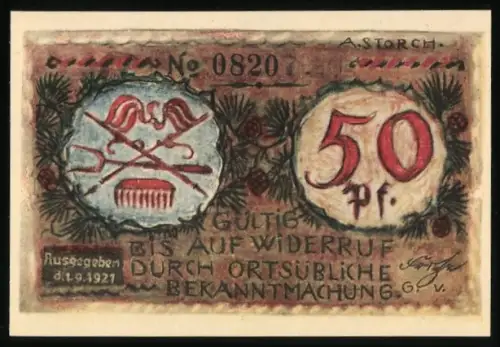 Notgeld Volkstedt /S.-A. 1921, 50 Pfennig, Wappen mit Werkzeugen und Töpferei-Motiv
