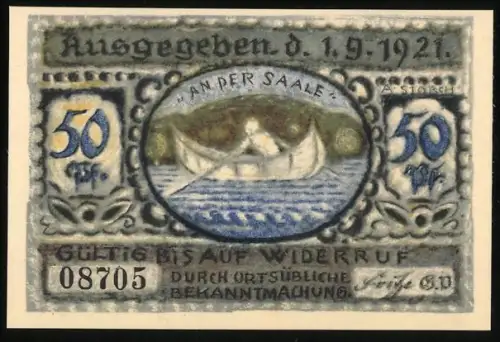 Notgeld Volkstedt /S.-A 1921, 50 Pfennig, Ruderboot auf der Saale, Kirchturm und Denkmal