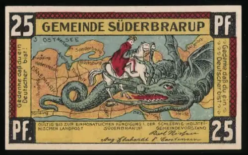 Notgeld Süderbrarup, 25 Pf, Ritter auf Drachen und Wappen mit Baum und Spruchband