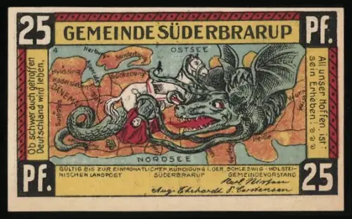 Notgeld Süderbrarup, 25 Pf, Karte mit Drache und Schleswig Plebiszit-Motiv