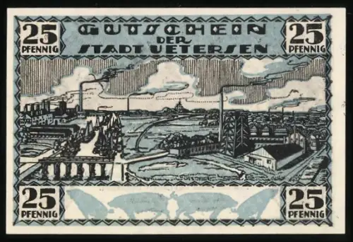 Notgeld Uetersen, 25 Pfennig, Industrielandschaft und Gebäude mit Wappen