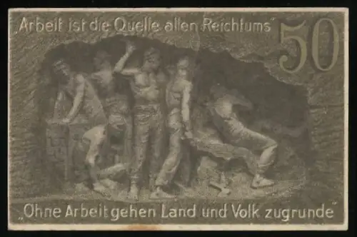 Notgeld Waldenburg i. Schl. 1920, 50 Pf, Arbeiter und Baum Motiv