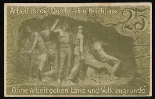 Notgeld Waldenburg i. Schl. 1920, 25 Pf, Arbeiter in Höhle und Baumillustration