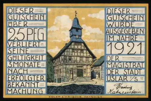 Notgeld Uslar i. S. 1921, 25 Pfennig, Fachwerkhaus und Wappen mit Löwen