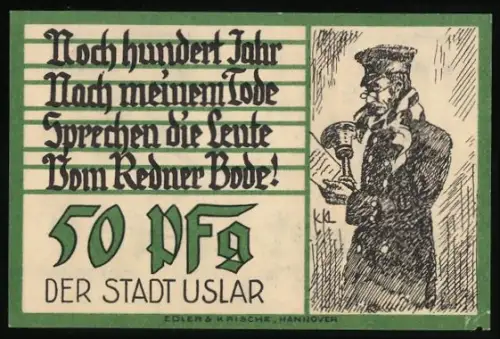 Notgeld Uslar, 50 Pfennig, Porträt eines Redners und Wappen mit Löwen