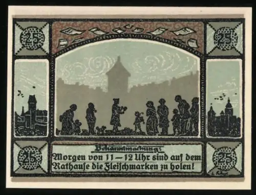 Notgeld Mainbernheim 1921, 25 Pfennig, Menschen vor Stadtmauer und Putten mit Wappen