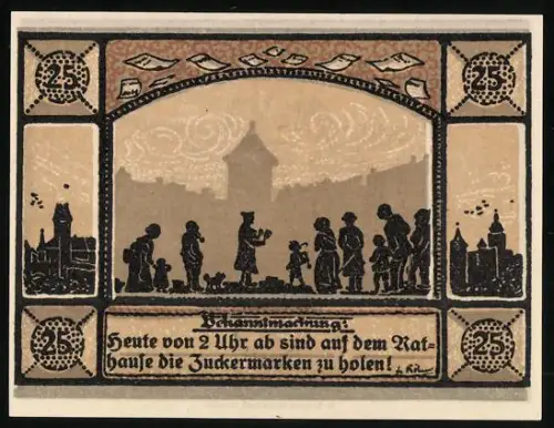 Notgeld Mainbernheim 1921, 25 Pfennig, Menschenmenge mit Türmer und geflügelte Figuren mit Wappen