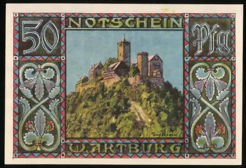 Notgeld Eisenach, 50 Pfennig, Wartburg und künstlerische Tierdarstellungen