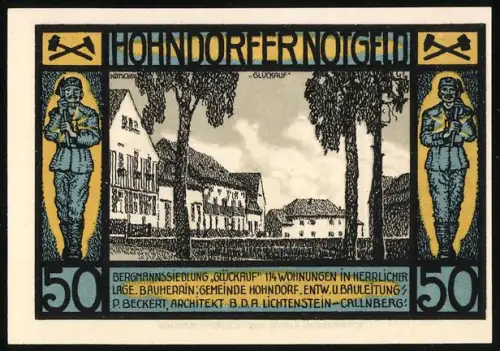 Notgeld Hohndorf 1921, 50 Pfennig, Bergmannssiedlung und Bergmannsmotiv
