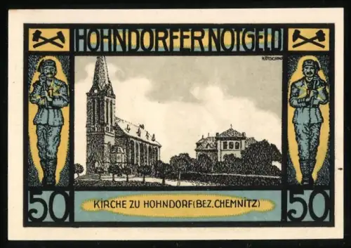 Notgeld Hohndorf /Chemnitz 1921, 50 Pfennig, Kirche und Bergmannsmotiv mit Glück Auf