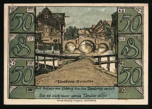 Notgeld Oberlind 1921, 50 Pfennig, Ortsansicht und Untere Brücke