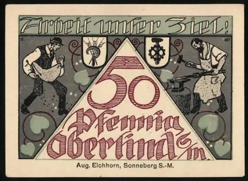 Notgeld Oberlind 1920, 50 Pfennig, Arbeiter und Kirche, Wappen
