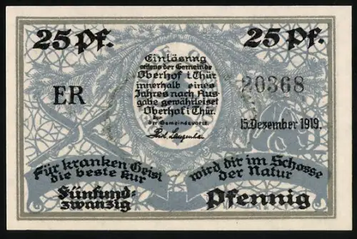 Notgeld Oberhof i. Thür. 1919, 25 Pfennig, Skifahrer im Wintersportort mit Landschaftspanorama
