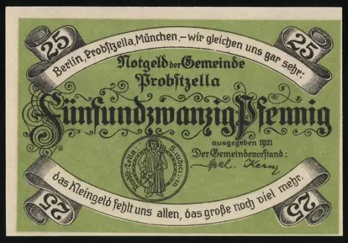 Notgeld Probstzella 1921, 25 Pfennig, Wappen und Ortsansicht