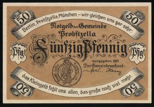 Notgeld Probstzella 1921, 50 Pfennig, Landschaft mit Kirche