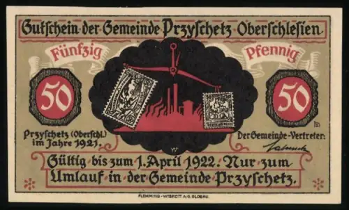 Notgeld Przyschetz /Oberschlesien 1921, 50 Pfennig, Waage und kämpfende Soldaten