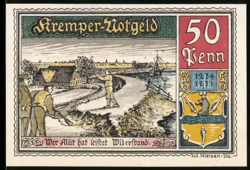 Notgeld Krempe 1920, 50 Pfennig, Landschaft mit Arbeitern und Kremper Wappen