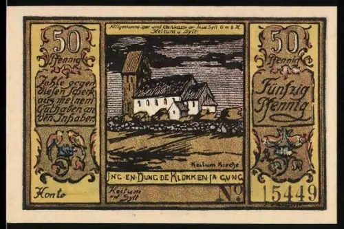 Notgeld Keitum a. Sylt 1922, 50 Pfennig, Kirche und Münzenstapel