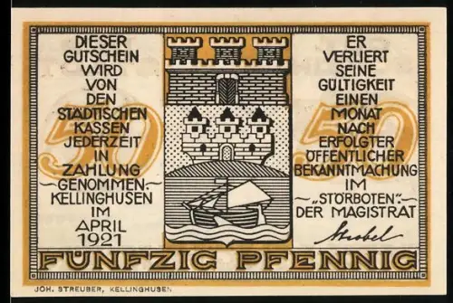 Notgeld Kellinghusen 1921, 50 Pfennig, Stadtwappen und Engel mit Horn