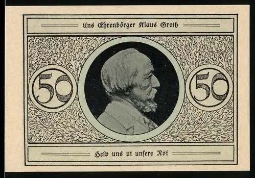 Notgeld Heide 1921, 50 Pfennig, Klaus Groth, Porträt und Stadtsiegel