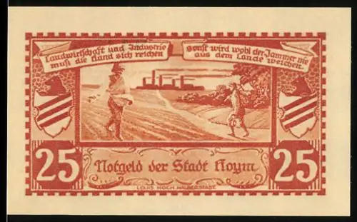 Notgeld Hoym 1921, 25, Landwirt mit Fabrik und Wappen mit Bär