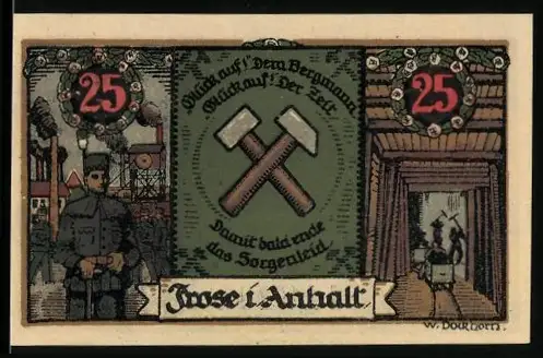 Notgeld Frose i. Anhalt, 25 Pfennig, Bergbau-Motive, Preisrätsel auf Rückseite