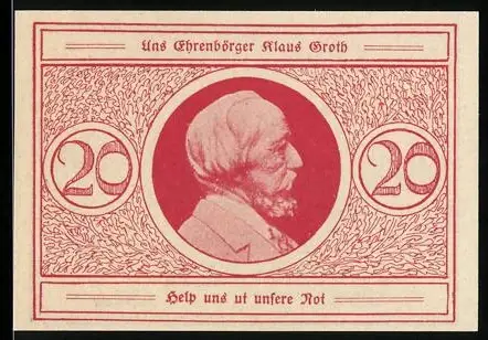 Notgeld Heide, 20 Pfennig, Klaus Groth Porträt, Siegel der Stadt Heide