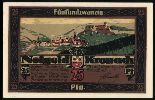 Notgeld Kronach 1921, 25 Pfennig, Ortsansicht und Wappen
