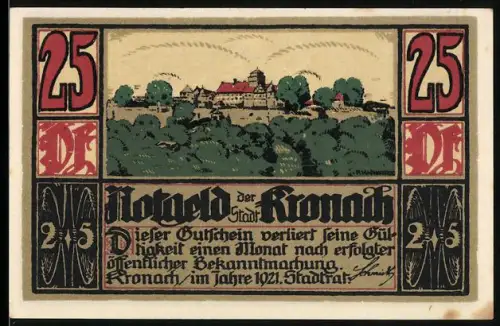 Notgeld Kronach 1921, 25 Pfennig, Burglandschaft und Wappen mit Figuren