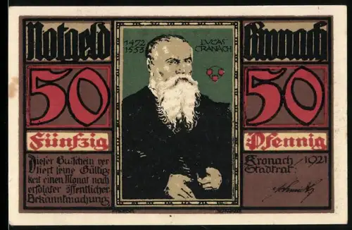 Notgeld Kronach 1921, 50 Pfennig, Porträt von Lucas Cranach und Wappen mit Figurenornamentik