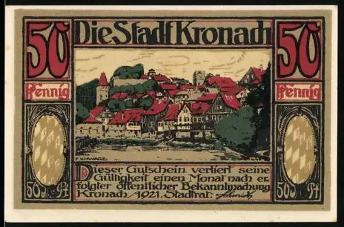 Notgeld Kronach 1921, 50 Pfennig, Ortsansicht und Wappen mit Figuren