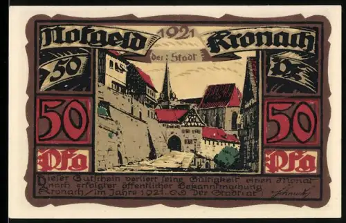 Notgeld Kronach 1921, 50 Pfennig, Ortsansicht und Wappen mit Figuren