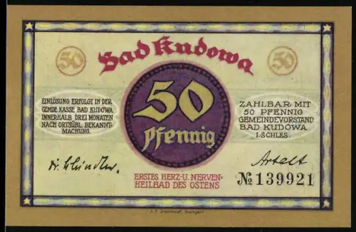 Notgeld Bad Kudowa i. Schl., 50 Pfennig, Eugenquelle und Parklandschaft