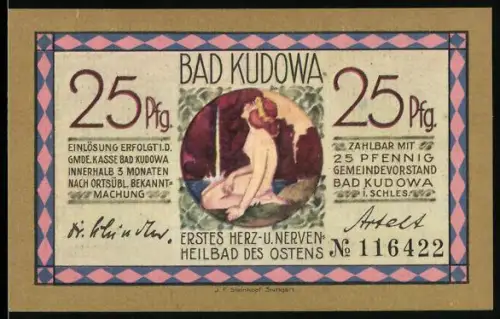 Notgeld Bad Kudowa i. Schles., 25 Pfennig, junge Frau und Helmuthquelle mit Landschaft
