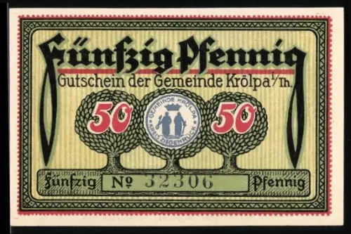 Notgeld Krölpa i. Th. 1921, 50 Pfennig, Landschaft mit Schloss Brandenstein und Burg Ranis