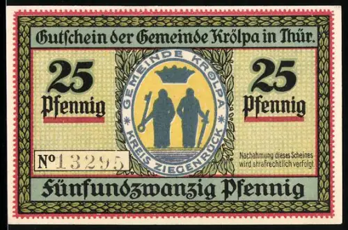 Notgeld Krölpa i. Th. 1921, 25 Pfennig, Wappen und Gebäude mit blühendem Baum