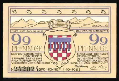 Notgeld Bad Honnef 1921, 99 Pfennig, Landschaft mit Wappen und Bergpanorama im Hintergrund
