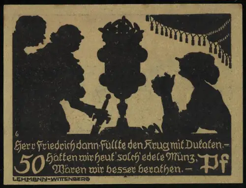 Notgeld Bad Schmiedeberg 1921, 50 Pf, Silhouetten von Personen und Stadttor-Motiv