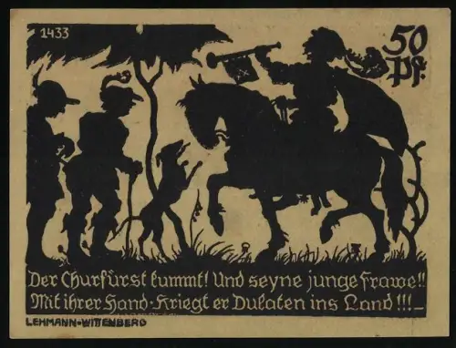 Notgeld Bad Schmiedeberg 1921, 50 Pf, Kurfürst auf Pferd und Stadttor mit Türmen und Wappen