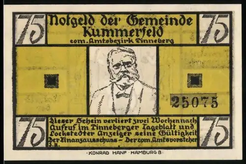 Notgeld Kummerfeld, 75 Pfennig, Porträt und Gedicht De Wett von Fritz Reuter
