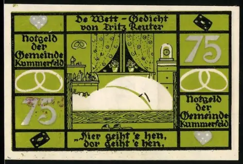 Notgeld Kummerfeld, 75 Pfennig, Bettmotiv und Porträt von Fritz Reuter