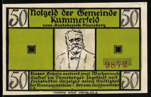 Notgeld Kummerfeld, 50, Porträt eines Mannes und Szene aus De Wett von Fritz Reuter