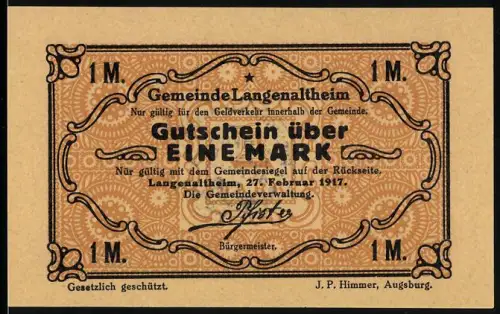 Notgeld Langenaltheim 1917, 1 Mark, dekoratives Muster und Gemeindesiegel