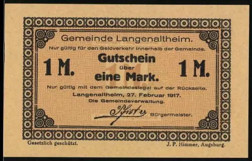 Notgeld Langenaltheim 1917, 1 Mark, Gutschein über eine Mark mit dekorativem Randmuster