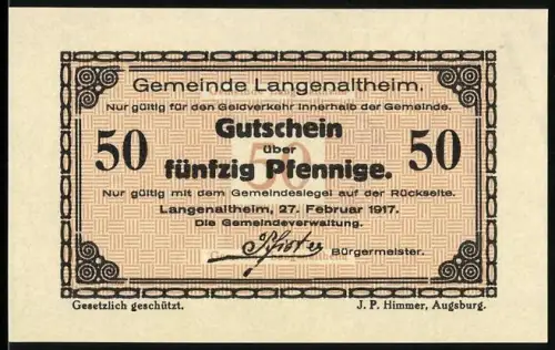 Notgeld Langenaltheim 1917, 50 Pfennig, Gutschein mit Gemeindesiegel und dekorativem Rahmenmuster