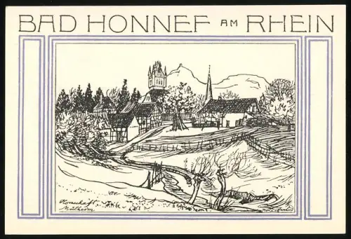 Notgeld Bad Honnef am Rhein 1921, 50 Pfennig, Dorflandschaft und Wappen mit Flugzeugen