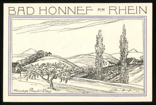 Notgeld Bad Honnef am Rhein 1921, 50 Pfennig, Landschaft mit Hügeln und Bäumen, Wappen mit Bergen im Hintergrund