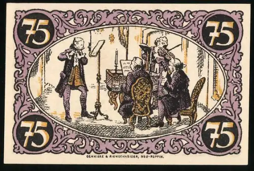 Notgeld Rheinsberg i. M., 75 Pfennig, Musiker im Barockstil und Porträt Friedrichs des Grossen