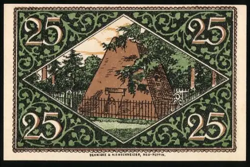 Notgeld Rheinsberg /Mark, 25 Pfennig, Pyramide im Wald und Porträt